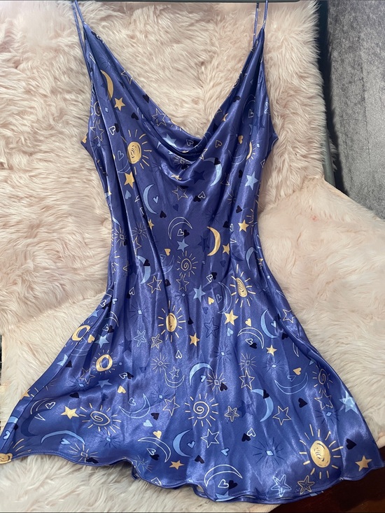 Zara Dresses & Skirts - Zara Purple Satin Slip Dress with Celestial Gold Print